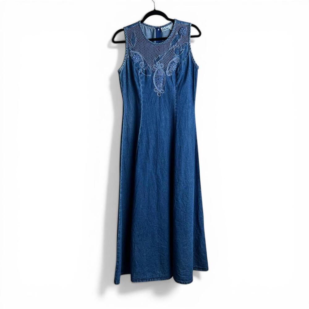 Vintage 90s Sleeveless Denim Maxi Dress with Mesh and Embroidery Details